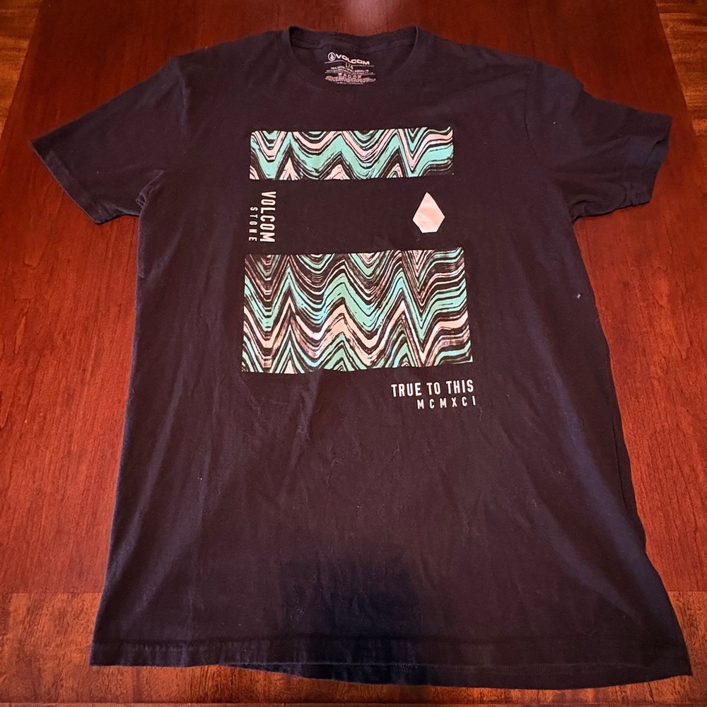Volcom Graphic T Shirt Black Wave Stripe Stone Logo True To This Tee L/G